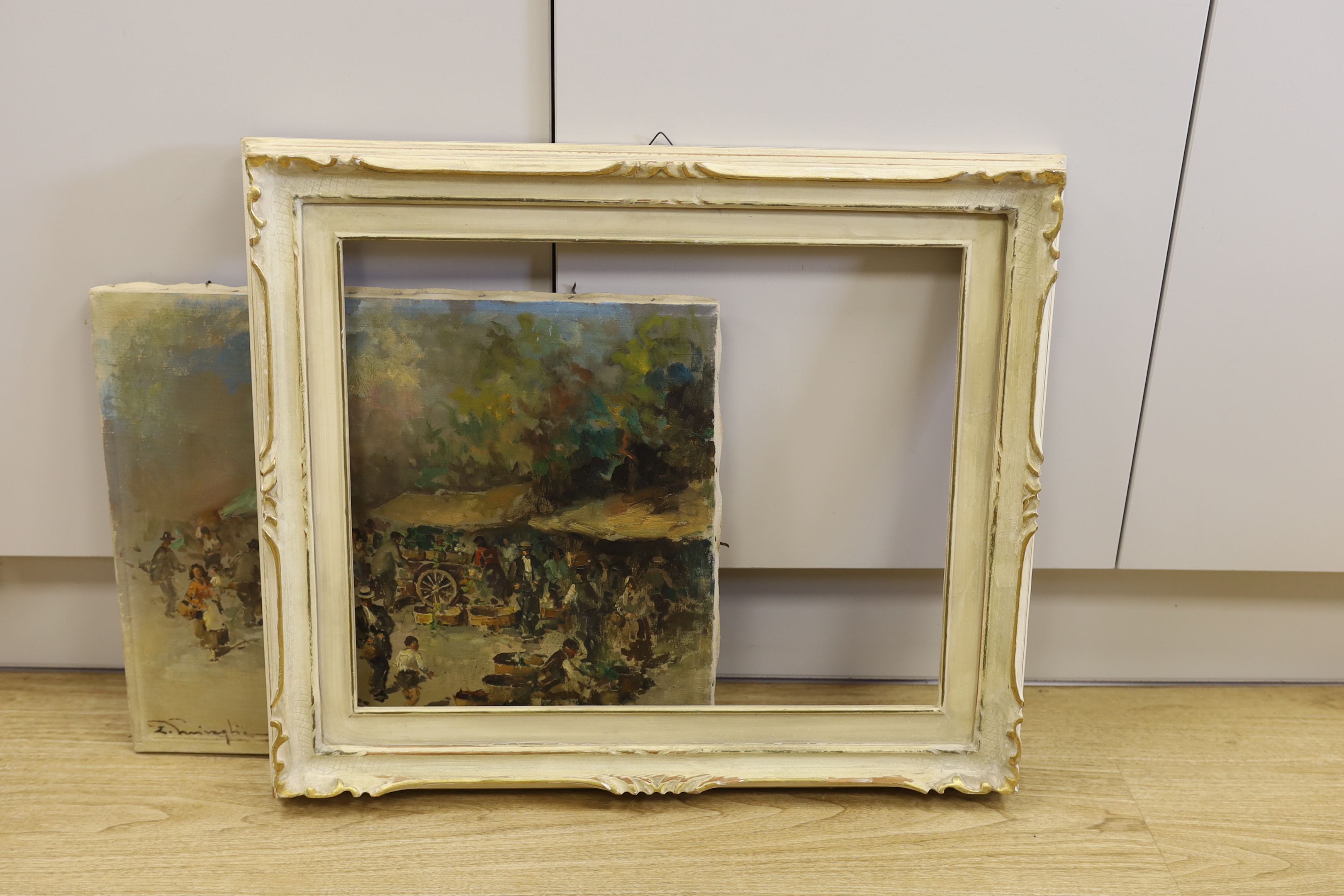 Impressionist oil on canvas, Market scene with figures, indistinctly signed, 38 x 48cm